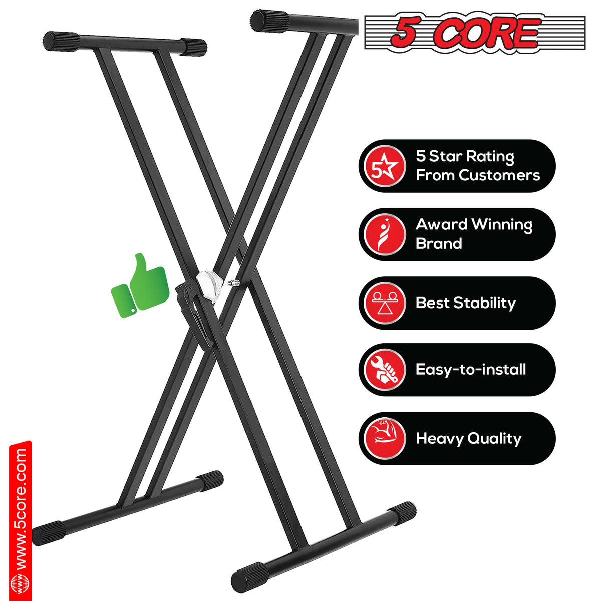 5Core Keyboard Stand Double X Style Adjustable Piano Riser For 49 To 88 Keys + Gear-3