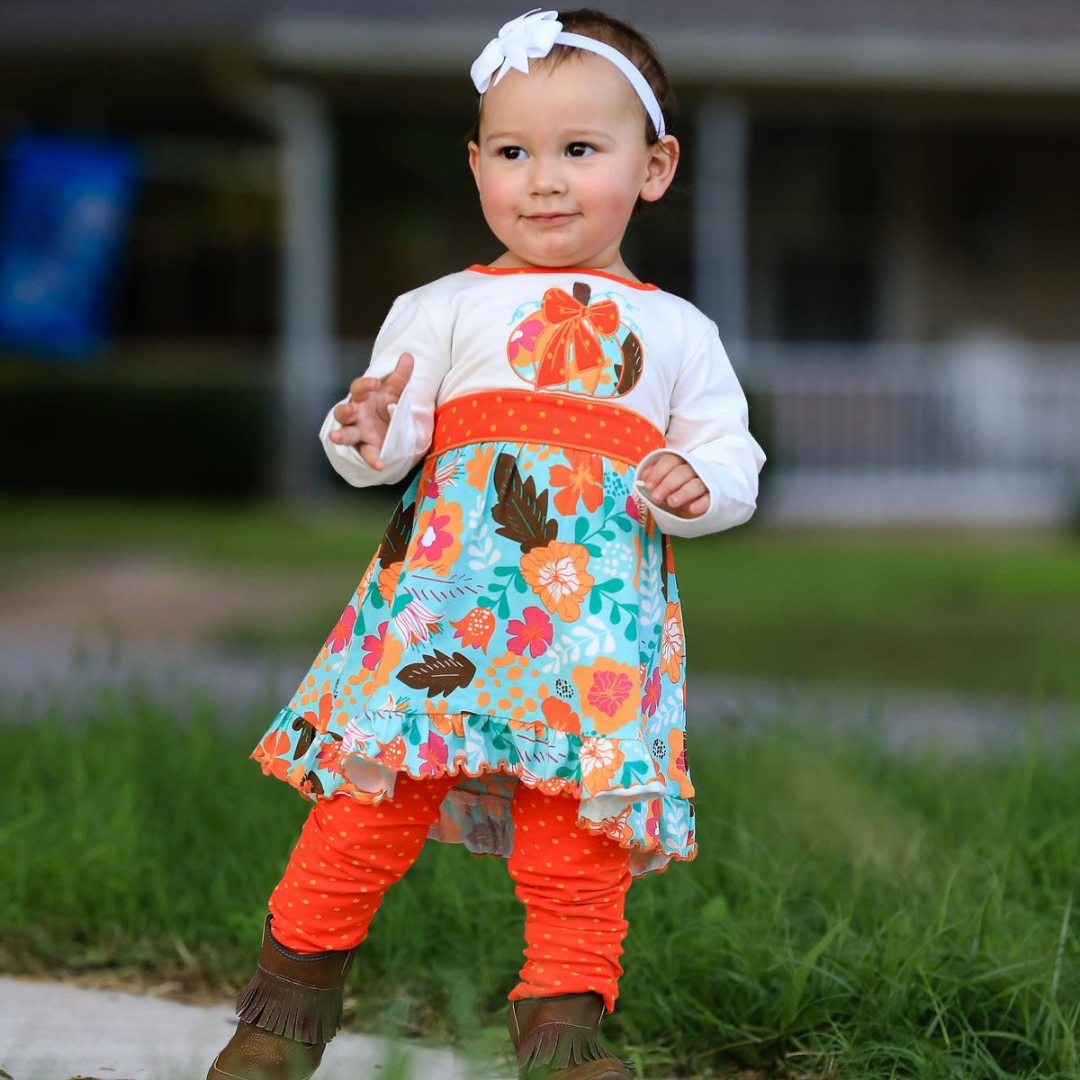 Girls Vibrant Autumn Floral Pumpkin Thanksgiving Dress & Leggings-2