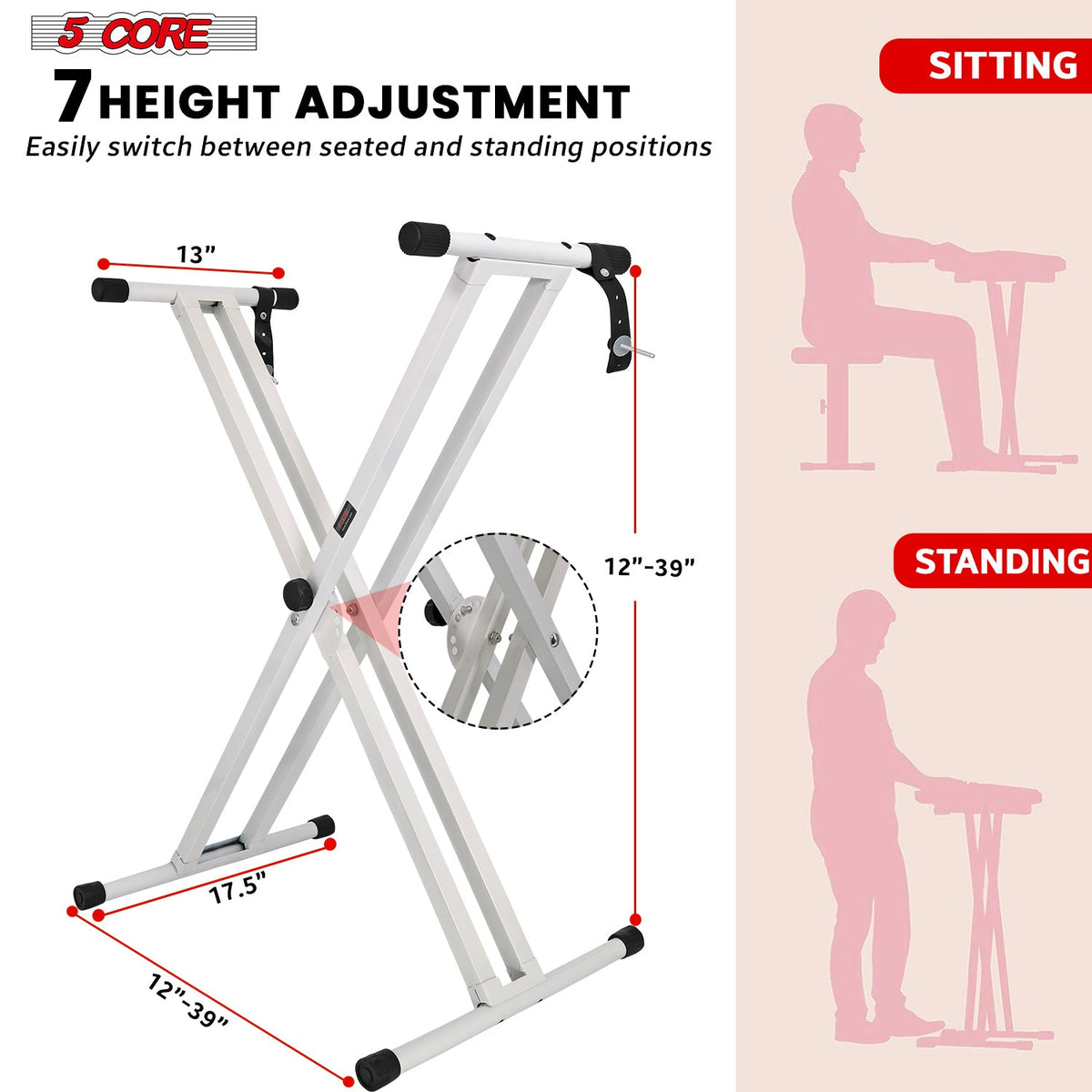 5Core Keyboard Stand Double X Style Adjustable Lift Piano Riser For 49 To 88 Keys WHITE-1