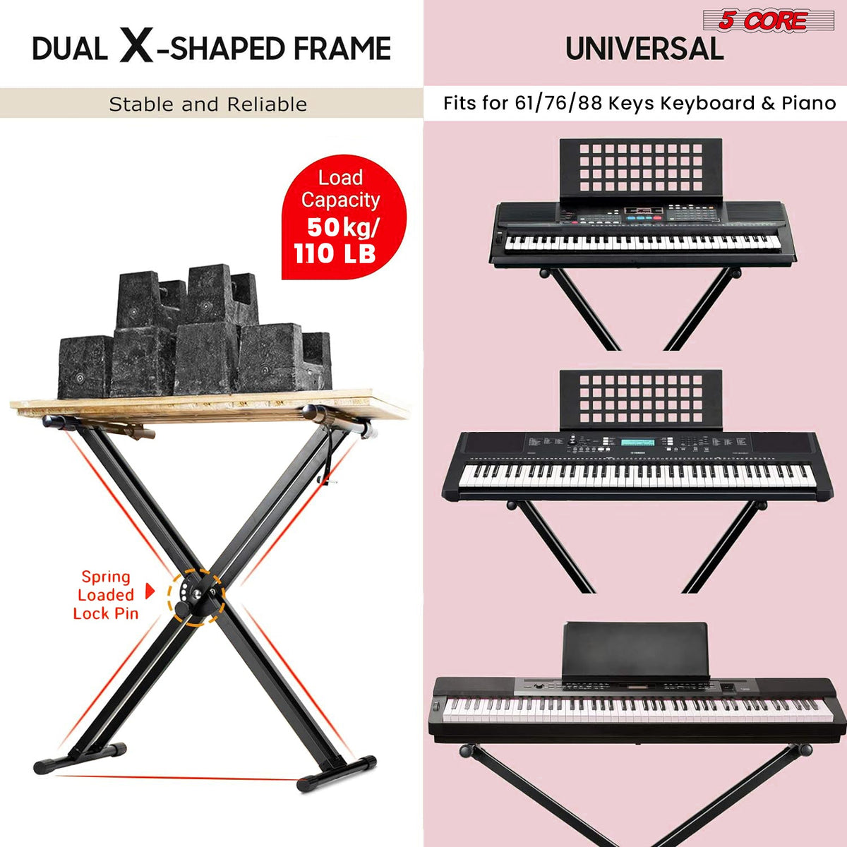 5Core Keyboard Stand Double X Style Adjustable Lift Piano Riser For 49 To 88 Keys BLACK-4
