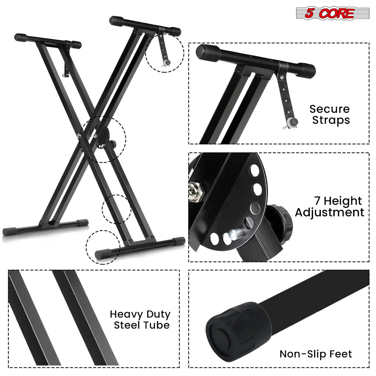 5Core Keyboard Stand Double X Style Adjustable Lift Piano Riser For 49 To 88 Keys BLACK-2