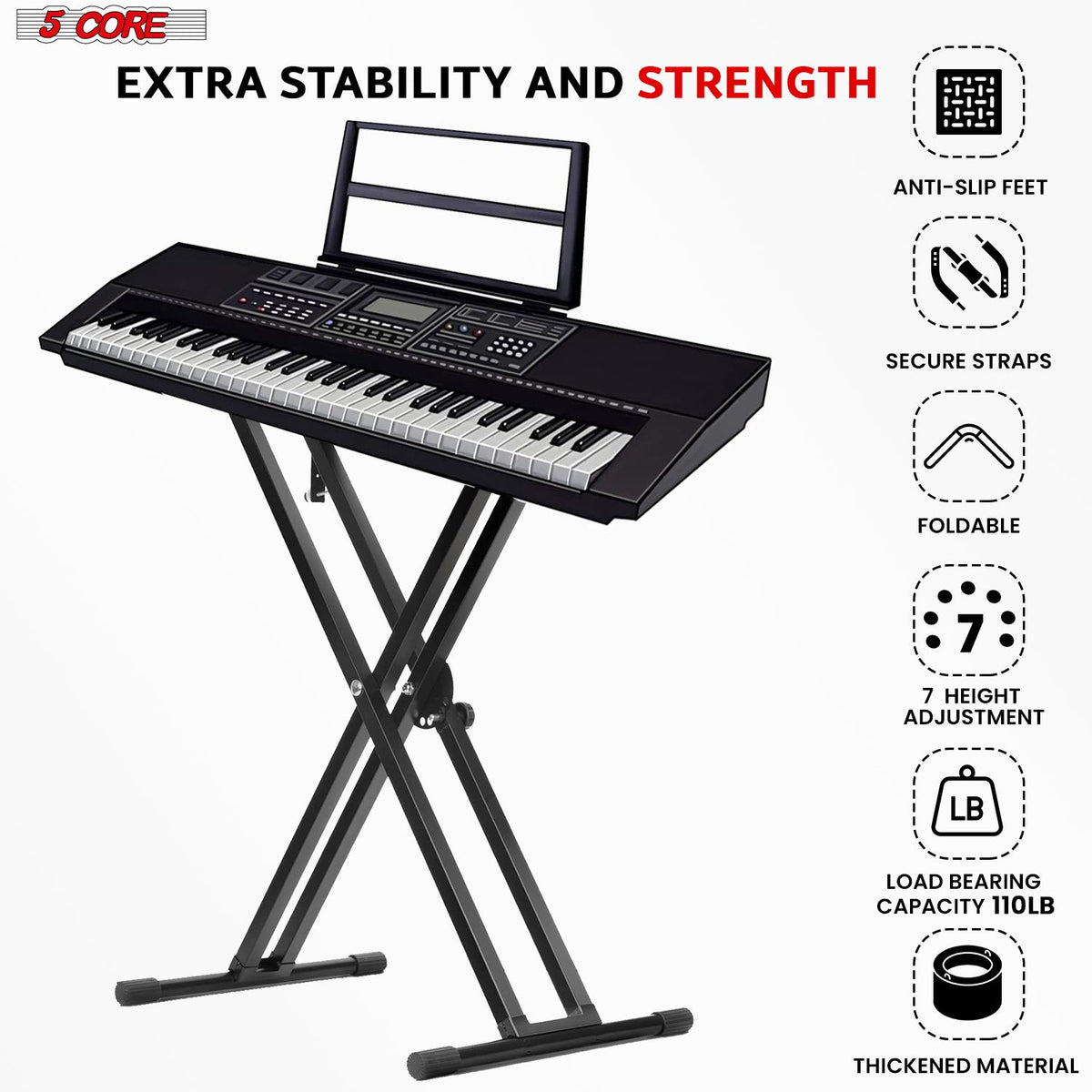 5Core Keyboard Stand Double X Style Adjustable Lift Piano Riser For 49 To 88 Keys BLACK-3