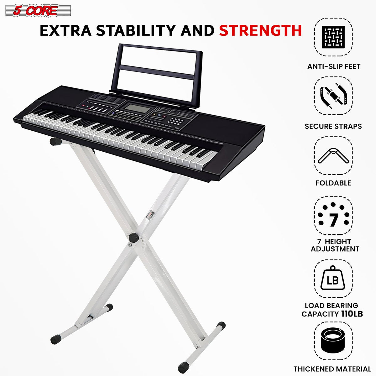 5Core Keyboard Stand Double X Style Adjustable Lift Piano Riser For 49 To 88 Keys WHITE-4