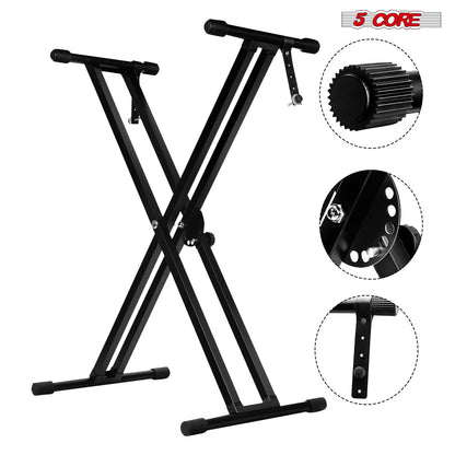 5Core Keyboard Stand Double X Style Adjustable Lift Piano Riser For 49 To 88 Keys BLACK-0