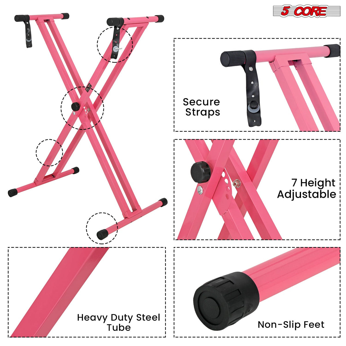 5Core Keyboard Stand Double X Style Adjustable Lift Piano Riser For 49 To 88 Keys BABY PINK-2