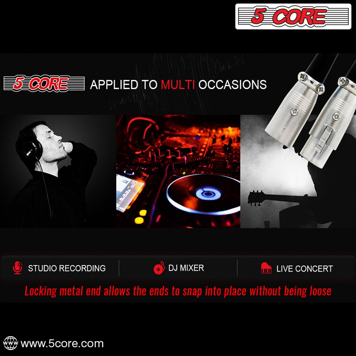 5Core XLR Connector Male Female to 1/4 Audio Jack 3 Pin Secure Mic Plug w Locking Ends 10 PAIR-1