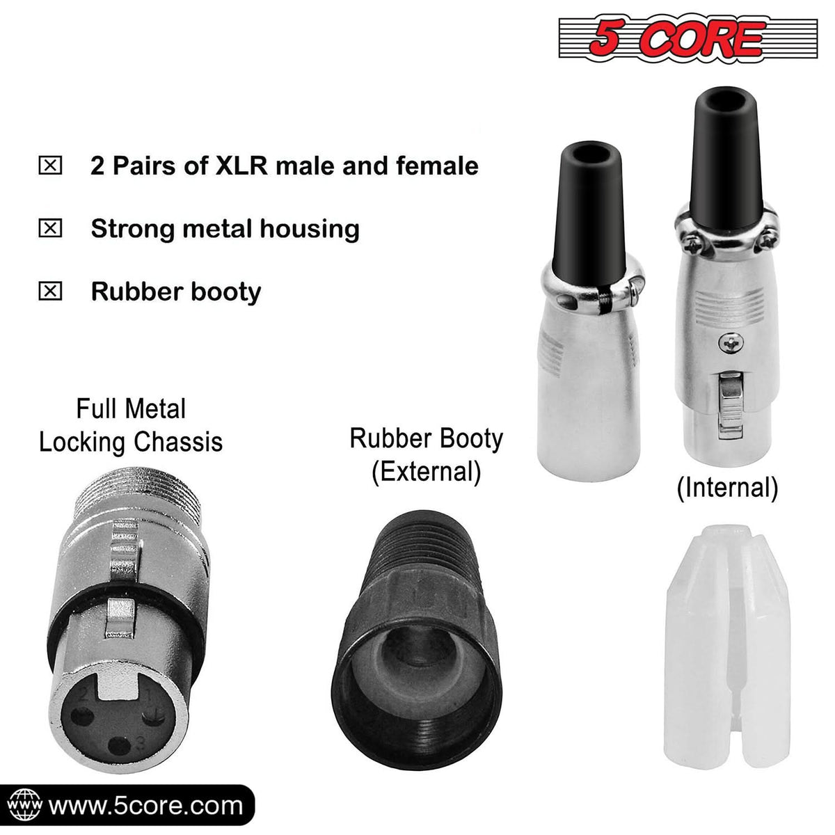 5Core XLR Connector Male Female to 1/4 Audio Jack 3 Pin Secure Mic Plug w Locking Ends 5 PAIR-2