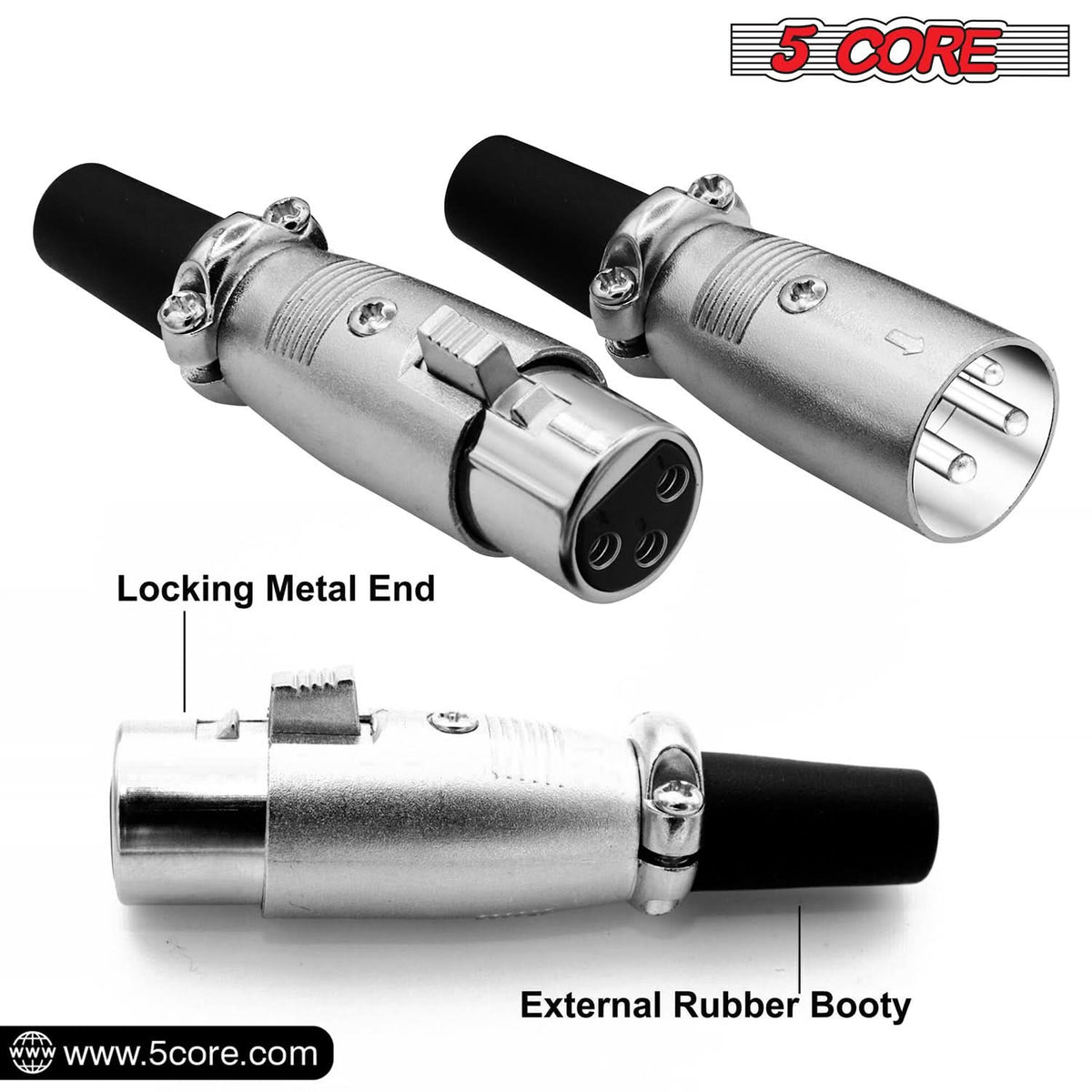 5Core XLR Connector Male Female to 1/4 Audio Jack 3 Pin Secure Mic Plug w Locking Ends 5 PAIR-3