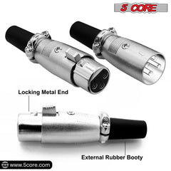 5Core XLR Connector Male Female to 1/4 Audio Jack 3 Pin Secure Mic Plug w Locking Ends-3